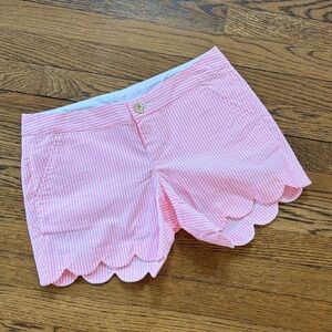Lilly Pulitzer The Buttercup Pink Seersucker Scallop-Hem Shorts, 5” inseam, 0